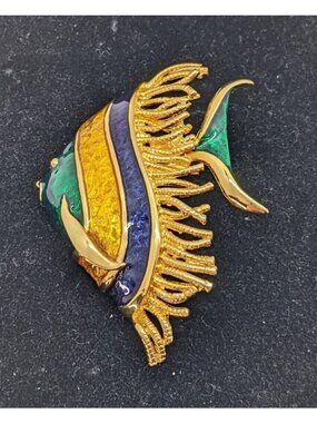 Ellen Kiam Enameled Gold Tone Angel Fish Brooch Pin Blue Green Yellow 2.25"